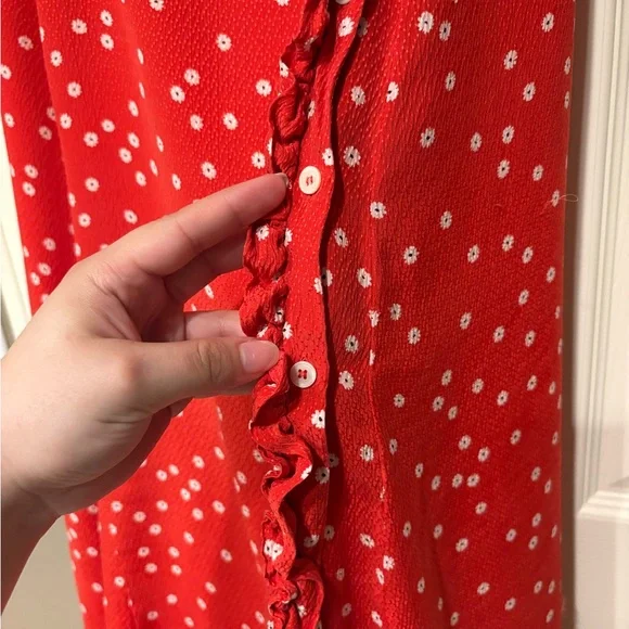 SEZANE Red 100% Silk Daisy Print Wrap Dress Size 40 Small Faux Wrap Style Midi - Picture 4 of 8